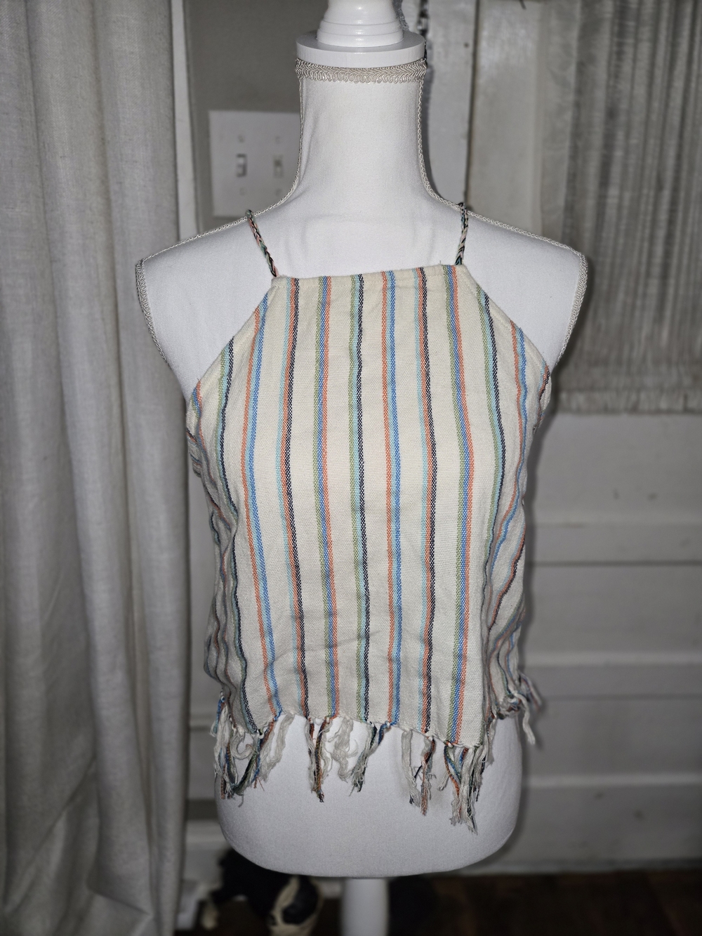 Miguelina Cream Multicolor Striped Halter Fringe Camisole